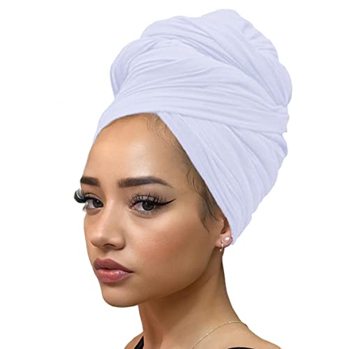 Kachanaa Ultra Soft Stretch Jersey Turban Head Wraps Long Solid Color African Shawl Hair Scarfs Lightweight Breathable Head bands Ties for Black Women(White) - Image 1