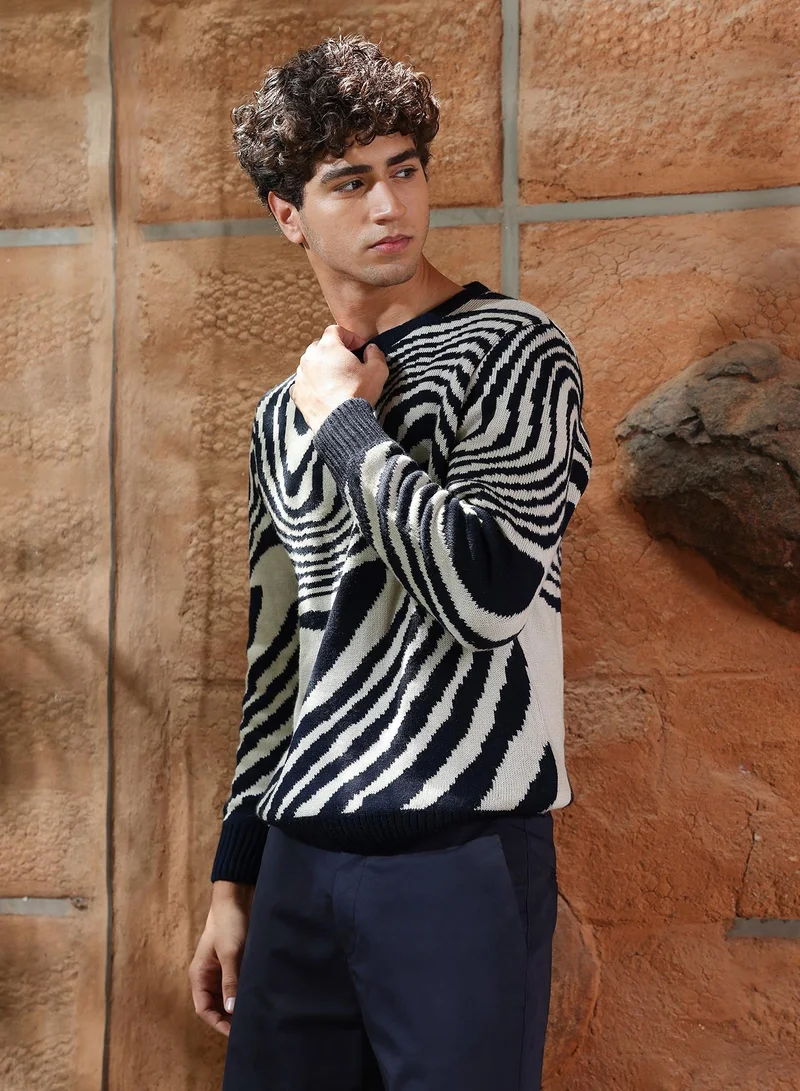 Campus Sutra Campus Sutra Men's Onyx Black Fluid-Jacquard Knit Pullover Sweater | Round Neck , Ribbed Cuff Sleeves , Pull On Closure , Ribbed-Straight Hem | Abstract Jacquard For Casual & Daily Wear