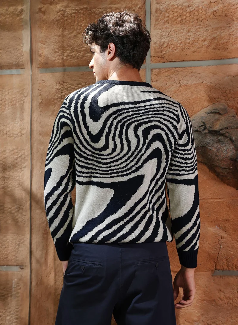 Campus Sutra Campus Sutra Men's Onyx Black Fluid-Jacquard Knit Pullover Sweater | Round Neck , Ribbed Cuff Sleeves , Pull On Closure , Ribbed-Straight Hem | Abstract Jacquard For Casual & Daily Wear