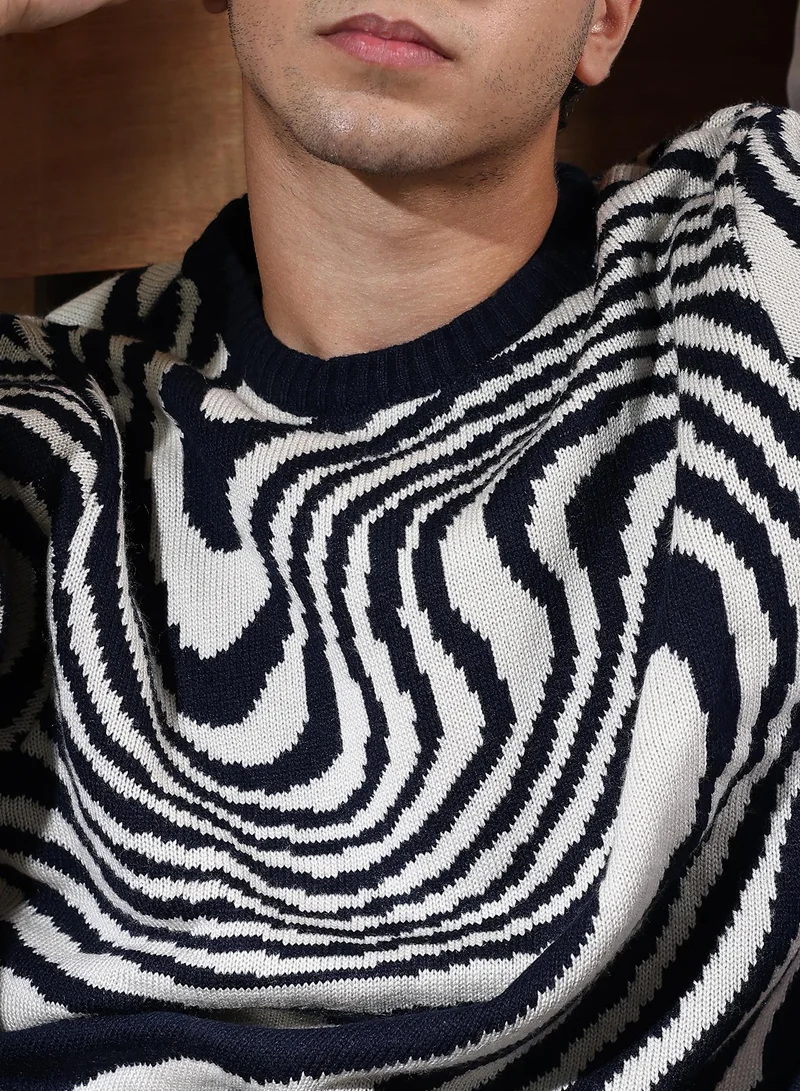 Campus Sutra Campus Sutra Men's Onyx Black Fluid-Jacquard Knit Pullover Sweater | Round Neck , Ribbed Cuff Sleeves , Pull On Closure , Ribbed-Straight Hem | Abstract Jacquard For Casual & Daily Wear