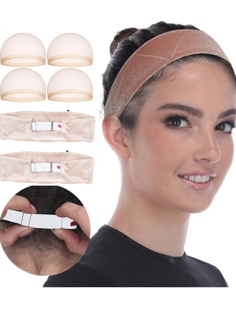 قطعتان من مشابك تثبيت الشعر المستعار و4 قطع من أغطية الشعر المستعار - مشابك شعر مستعار مخملية، عصابة رأس قابلة للتعديل، تثبت في مكانها، مانعة للانزلاق، تحمي الحواف - Image 1