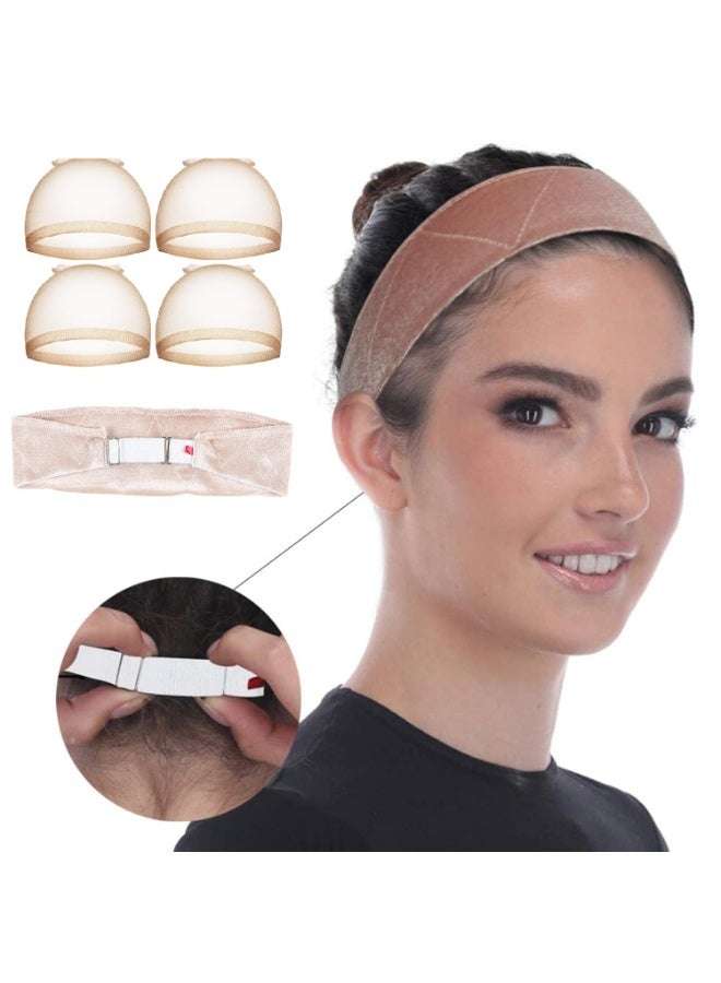 1 pcs Wig Grip Band and 4 pcs wig cap- Velvet Wig Grips Adjustable Headband Stay Put No Slip Edge Saver - Image 1