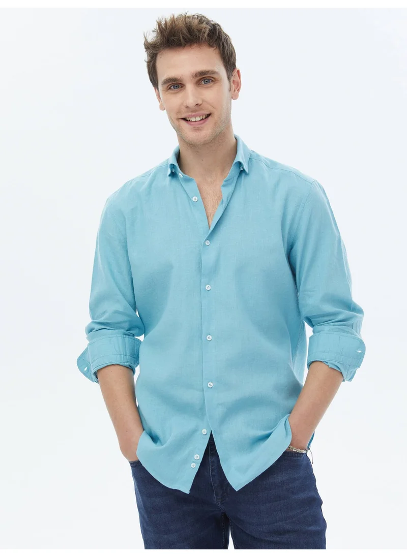 Kip Turquoise Plain Regular Fit Woven Casual Cotton Blend Shirt