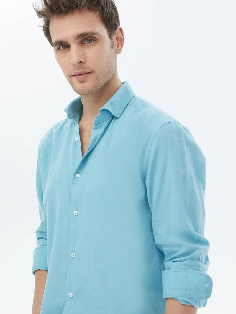 كيب Turquoise Plain Regular Fit Woven Casual Cotton Blend Shirt