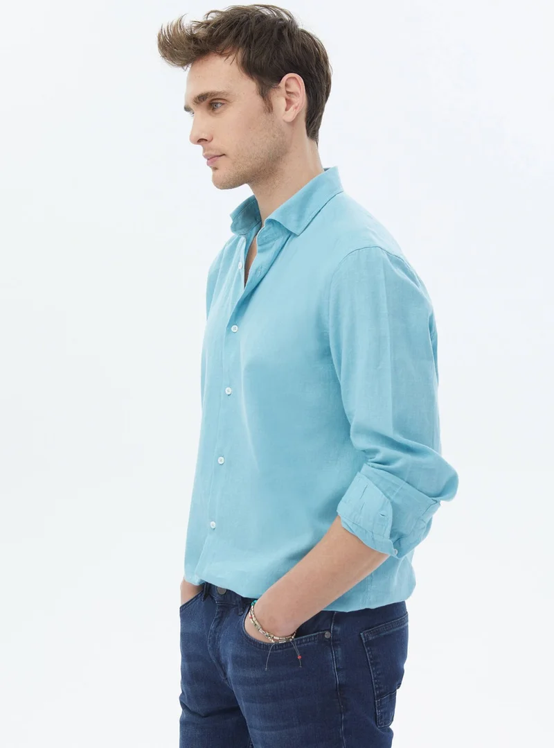 كيب Turquoise Plain Regular Fit Woven Casual Cotton Blend Shirt