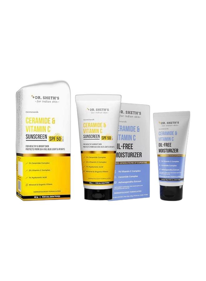 Dr Sheth's Dr. Sheth’s Ceramide & Vitamin C Combo – Lightweight Oil-Free Moisturizer 50g & SPF 50+ Sunscreen 80g for Hydrated, Bright, Spot-Free Skin | Non-Greasy, Quick Absorbing - Image 1