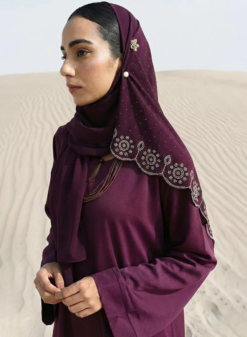 ISHIN Embroidered Woven Regular Purple Abaya with Hijab