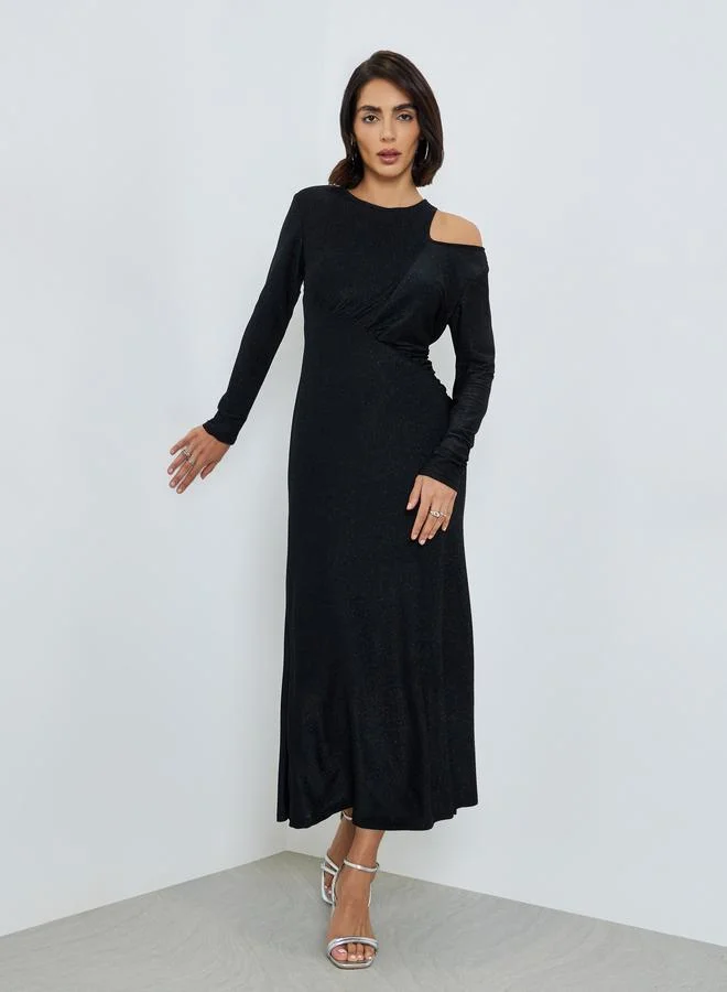 Styli Black Cut-Out Detail Shimmer Look Blue Maxi Dress