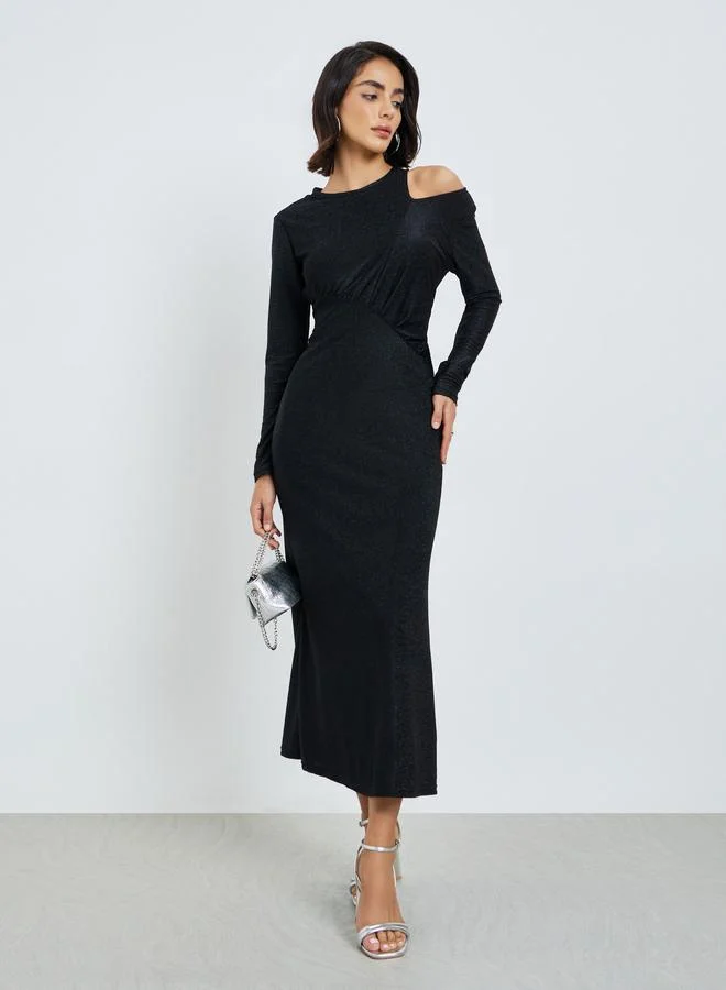 Styli Black Cut-Out Detail Shimmer Look Blue Maxi Dress