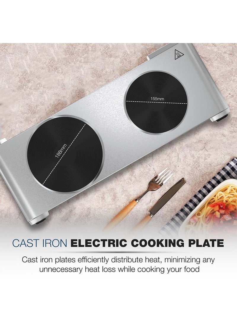 NIKAI Double Hot Plate - Twin Cooktop, 2 Power, Adjustable Thermostat, Overheat Protection, Die Cast Iron Hotplates, Stainless Steel Body, Easy Control, Power Indicator Light 2500 W NKTOE5N2 Silver/Black - Image 4