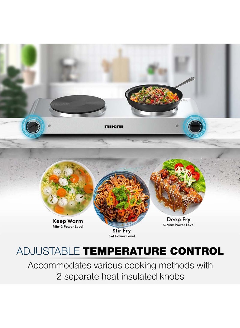 NIKAI Double Hot Plate - Twin Cooktop, 2 Power, Adjustable Thermostat, Overheat Protection, Die Cast Iron Hotplates, Stainless Steel Body, Easy Control, Power Indicator Light 2500 W NKTOE5N2 Silver/Black - Image 5