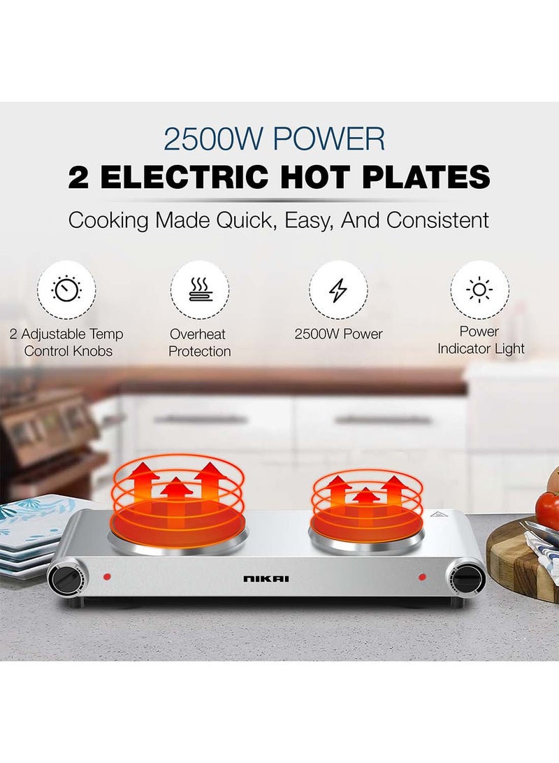 NIKAI Double Hot Plate - Twin Cooktop, 2 Power, Adjustable Thermostat, Overheat Protection, Die Cast Iron Hotplates, Stainless Steel Body, Easy Control, Power Indicator Light 2500 W NKTOE5N2 Silver/Black - Image 2