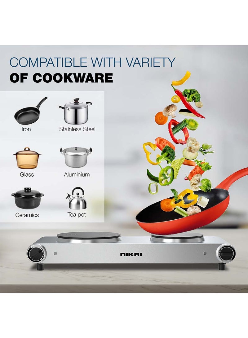NIKAI Double Hot Plate - Twin Cooktop, 2 Power, Adjustable Thermostat, Overheat Protection, Die Cast Iron Hotplates, Stainless Steel Body, Easy Control, Power Indicator Light 2500 W NKTOE5N2 Silver/Black - Image 3