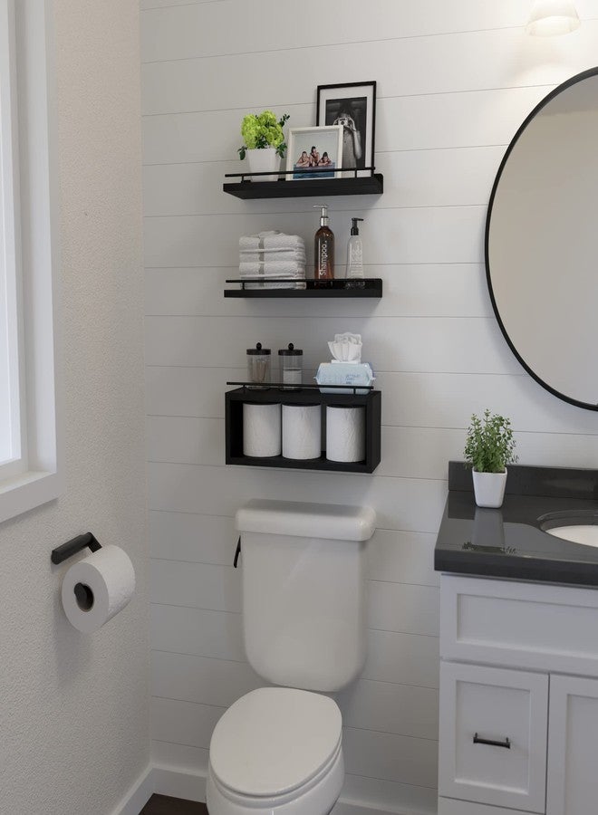 WOPITUES Floating Shelves for Wall with Cube Shelf, Wall Shelves with Metal Rail for Bathroom Decor, Bathroom Organizers and Storage, Over Toilet Shelves for Toilet Paper-Black - Image 4