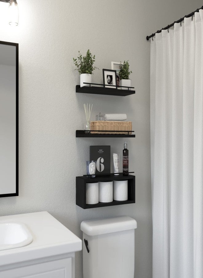 WOPITUES Floating Shelves for Wall with Cube Shelf, Wall Shelves with Metal Rail for Bathroom Decor, Bathroom Organizers and Storage, Over Toilet Shelves for Toilet Paper-Black - Image 2