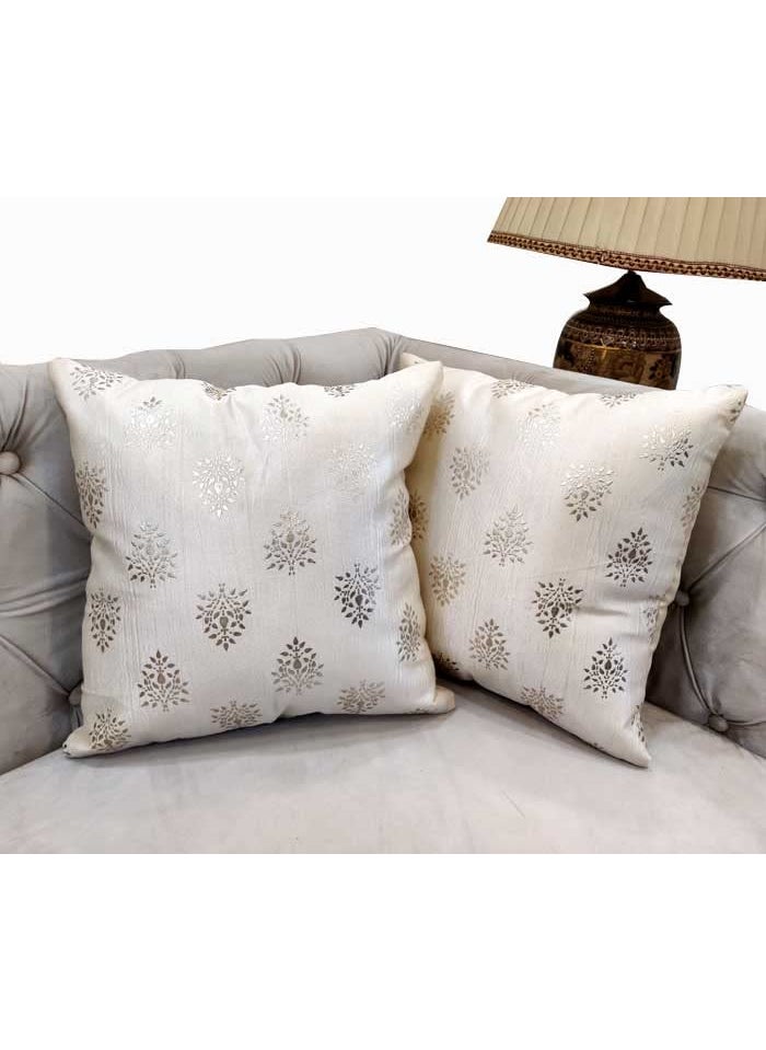 Good Vibes GOODVIBES Polyester Silver Floral Foil Printed Cream Square Cushion Covers Set of 2 60 cm60cm 24 x 24 inch Pack of 2  - Image 1