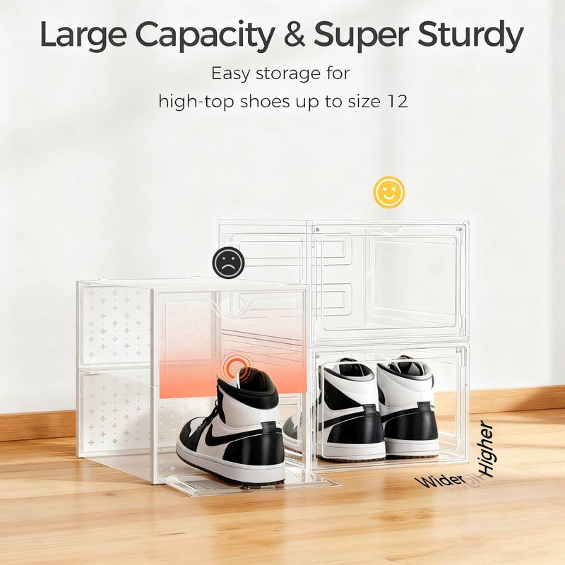 Pinkpum Upgraded Hard Shoe Storage Box 12 Pack X-Large Fit Size 12, Thicken & Sturdy Clear Plastic Stackable Shoe Organizer Box Closet, Sneaker Storage Display Case Holder Bins with Magnetic Door - Image 3