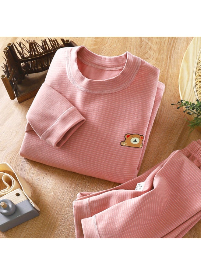 Children's Boneless Velvet Mid-high Collar  Clothes Long Pants Suit Men's And Women's Baby Striped Thickened Thermal Underwear Suit