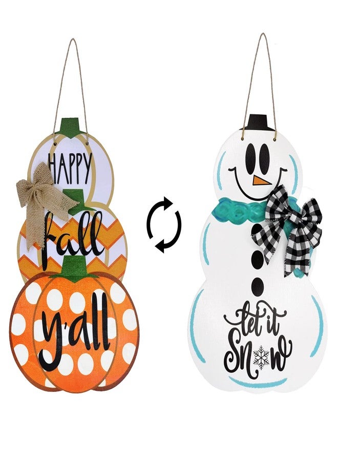 Laisgee Fall Door Sign Reversible Pumpkin Snowman Wood Door Hanger Happy Fall Y'all Let It Snow Autumn Winter Front Door Porch Wreath Decorations - Image 1