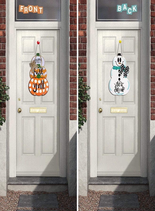 Laisgee Fall Door Sign Reversible Pumpkin Snowman Wood Door Hanger Happy Fall Y'all Let It Snow Autumn Winter Front Door Porch Wreath Decorations - Image 2
