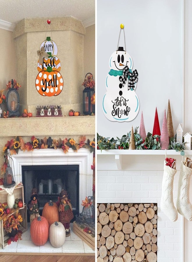 Laisgee Fall Door Sign Reversible Pumpkin Snowman Wood Door Hanger Happy Fall Y'all Let It Snow Autumn Winter Front Door Porch Wreath Decorations - Image 5