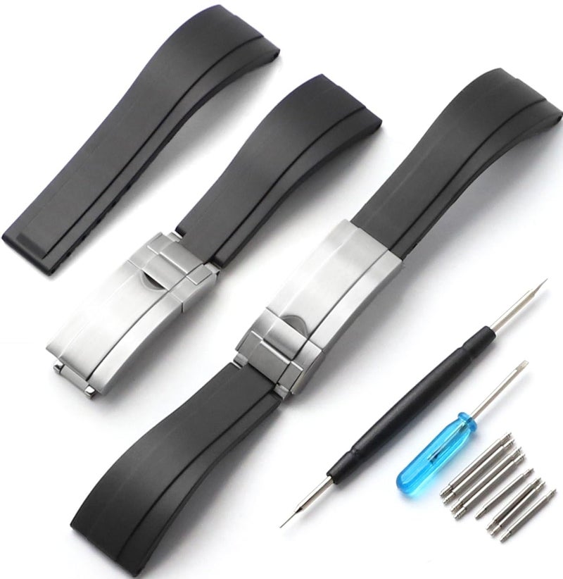 Sight Focus 20mm 21mm 22mm Rubber Watch Band For Rolex DaytonaSubmarinerYachtMasterGMTMasterSea DwellerAirKingDatejust DayDateExplorerOmega IWC TUDOR Longines SeikoCITIZEN Tear Resistant Waterproof Dustproof Sports Diving black silver 22mm