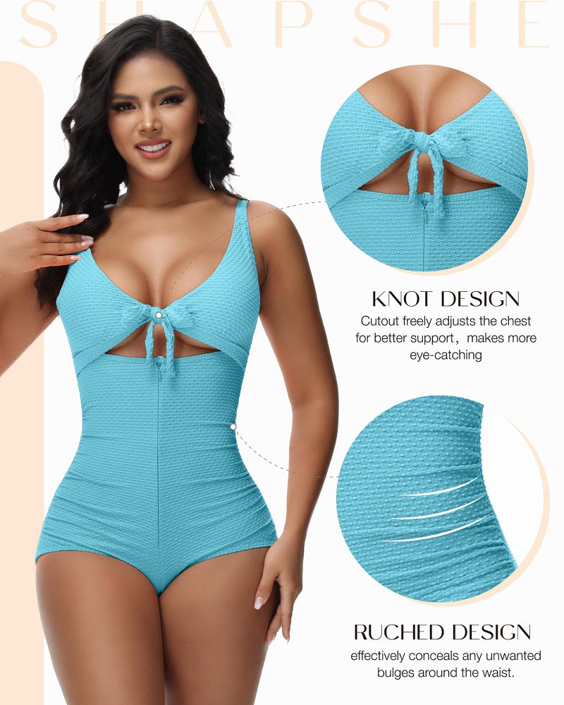 SHAPSHE Tummy Control Swimsuits for Women Slimming One Piece Bathing Suit Cutout Push Up Vintage Padded Swimwear Corset Swimsuit Blue - Image 5