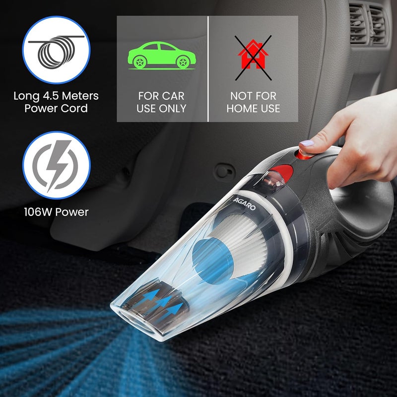 AGARO CV1077 Car Vacuum Cleaner, Portable, Handheld,12V DC /110W, 4.5KPA Power Socket, 14.7ft Long Cord, Stainless Steel Filter, Black - Image 2