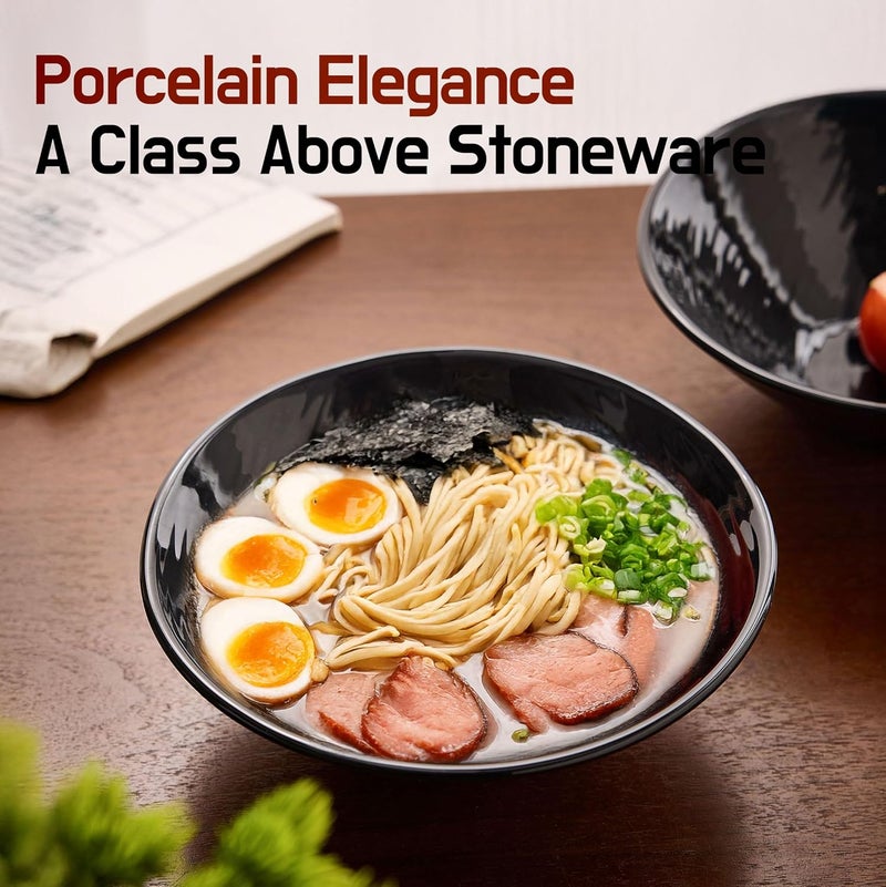 BICETTO Premium Porcelain Ramen Bowl Set 45oz 8inch  Durable  Stylish  Perfect for Ramen Pho Soup Salad and Noodles  Microwave  Dishwasher Safe  Elegant Lightweight Ebony Grace 8 inch - Image 2