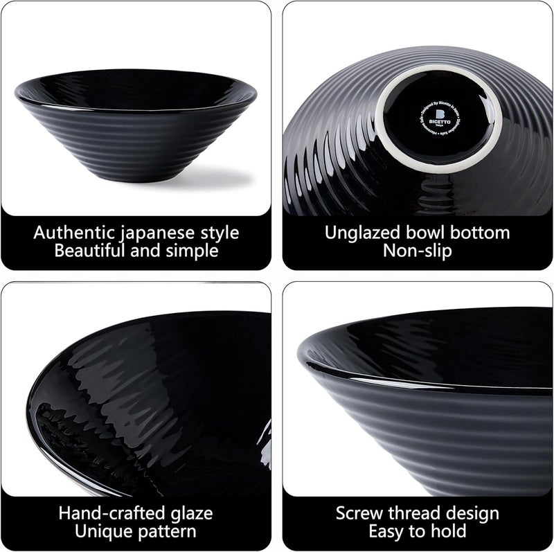 BICETTO Premium Porcelain Ramen Bowl Set 45oz 8inch  Durable  Stylish  Perfect for Ramen Pho Soup Salad and Noodles  Microwave  Dishwasher Safe  Elegant Lightweight Ebony Grace 8 inch - Image 5