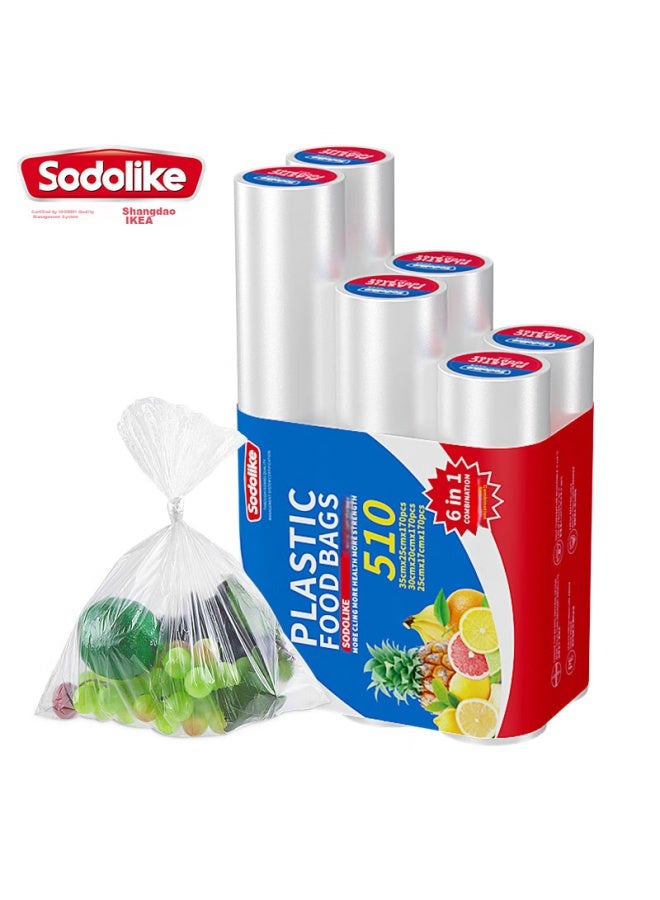 Sodolike Perforated Food Storage Bags, 6-roll Combo Pack, 510 Bags Total, Large/medium/small Sizes, Thick Plastic Food Bags, Sealed - Image 1