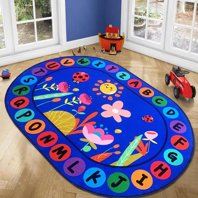 USTIDE Large Oval Educational Kids Rug 5x7,ABC Alphabet Flowers Educational & Fun Classroom Rug Non-Slip Play Mat Learning Area Rug for Bedroom Playroom Decor - Image 4