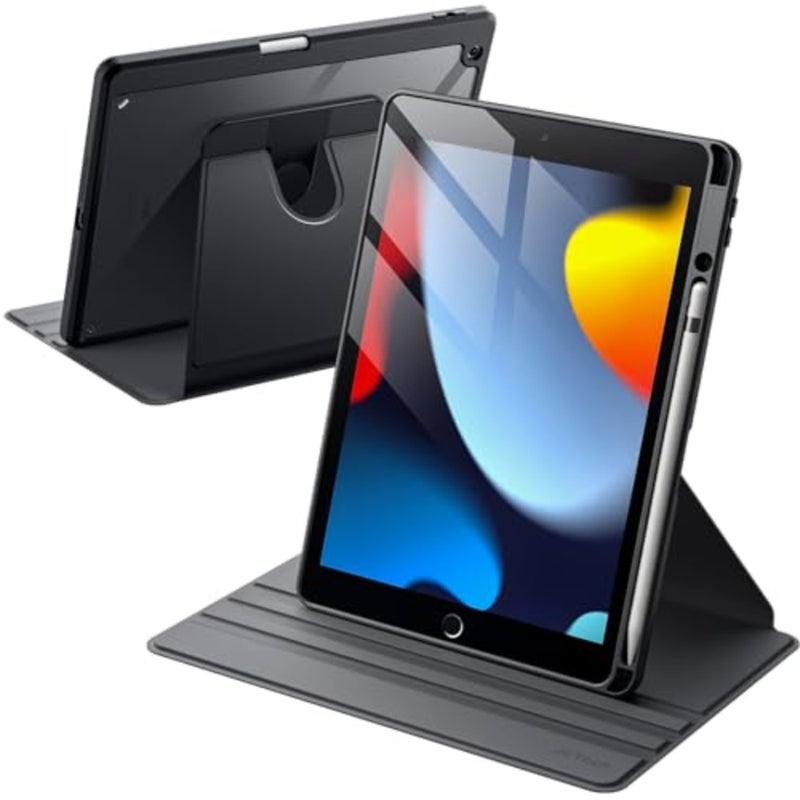 حافظة دوارة لجهاز iPad 9/8/7 مقاس 10.2 بوصة، موديل 2021/2020/2019، الجيل التاسع/الثامن/السابع مع حامل أقلام، غطاء حامل واقٍ قابل للدوران 360 درجة، ظهر شفاف، تنبيه/غفو تلقائي (أسود) - Image 1
