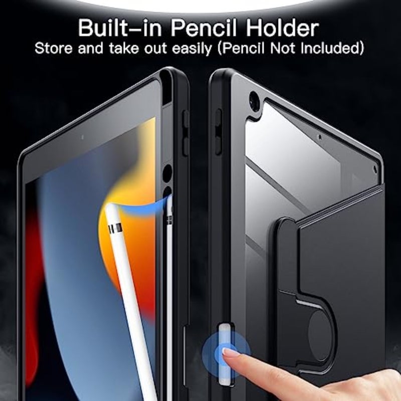حافظة دوارة لجهاز iPad 9/8/7 مقاس 10.2 بوصة، موديل 2021/2020/2019، الجيل التاسع/الثامن/السابع مع حامل أقلام، غطاء حامل واقٍ قابل للدوران 360 درجة، ظهر شفاف، تنبيه/غفو تلقائي (أسود) - Image 5