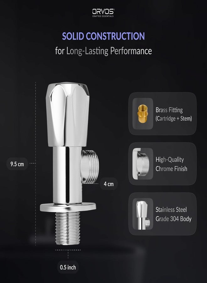 Orvos Angle Valve, Hexagonal, Premium 304 Stainless Steel Chrome Plated Body with Full Brass Cartridge Inside, Set of 1, for Hot & Cold Supply to Geysers, Sinks, Basins and Flush Tanks - Image 3