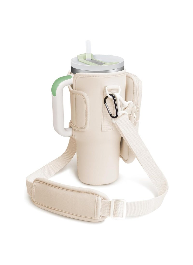 Generic - Water Bottle Carrier Bag Compatible with Stanley 40 Oz Tumbler, Water Bottle Holder with Shoulder Strap and Phone Pocket, Bottle Accessories for Walking Hiking Travelling, Beige - Image 1