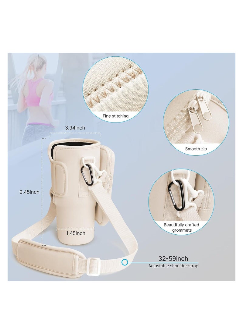Generic - Water Bottle Carrier Bag Compatible with Stanley 40 Oz Tumbler, Water Bottle Holder with Shoulder Strap and Phone Pocket, Bottle Accessories for Walking Hiking Travelling, Beige - Image 1