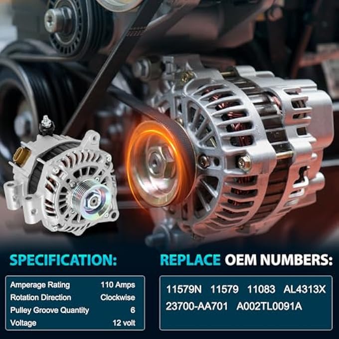 CNYGO 23700-AA701 Alternator Compatible with 2011 2012 2013 Subaru Forester H4 2.5L, 12V 110A 6-Groove Pulley Clockwise Replace for 11579N, 11579, 11083, AL4313X, A002TL0091A - Image 3