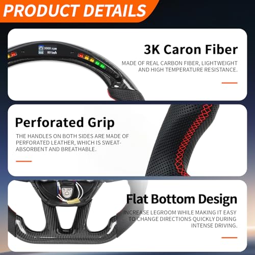 JIANGGAI Real Carbon Fiber Steering Wheel, Perforated Leather Grip LED Steering Wheel Fit For Dodge Charger Challenger Durango SRT 2015-2024 - Image 3