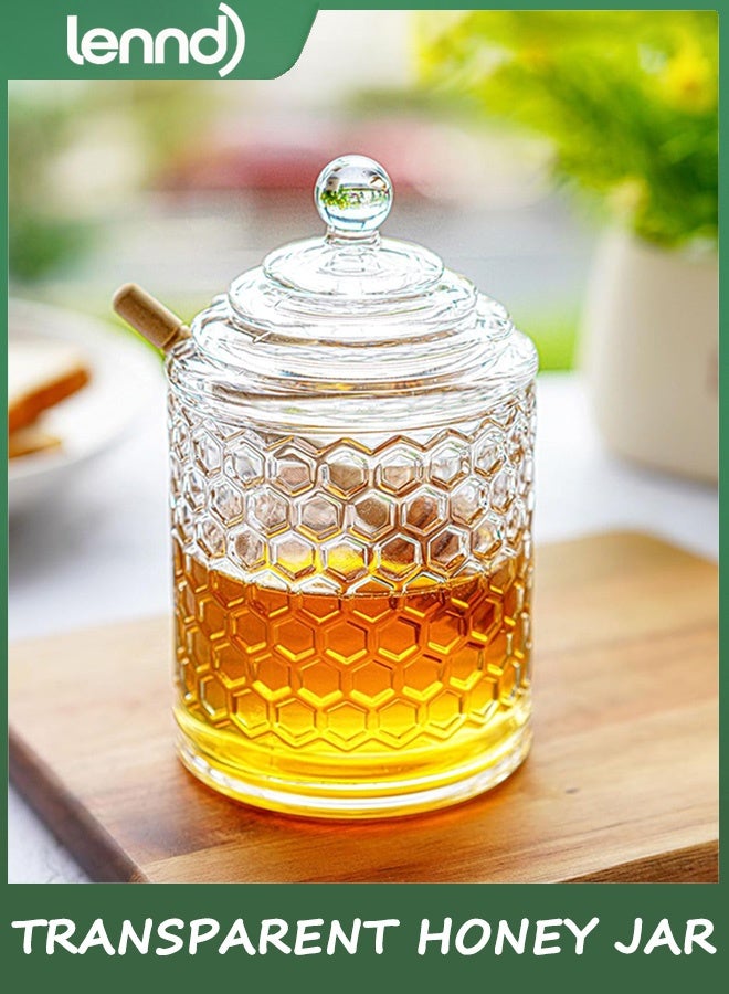 LENND Clear Crystal Honey Pot with Dipper and Lid Glass Honey Jar with Dispenser Honey Holder and Syrup Container for Home Kitchen - Image 1