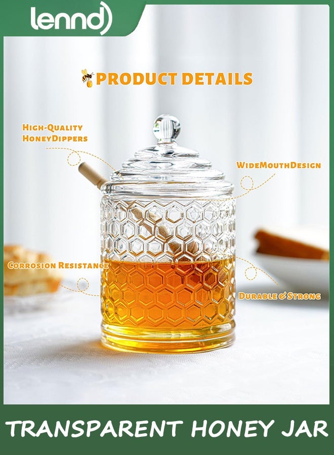 LENND Clear Crystal Honey Pot with Dipper and Lid Glass Honey Jar with Dispenser Honey Holder and Syrup Container for Home Kitchen - Image 2