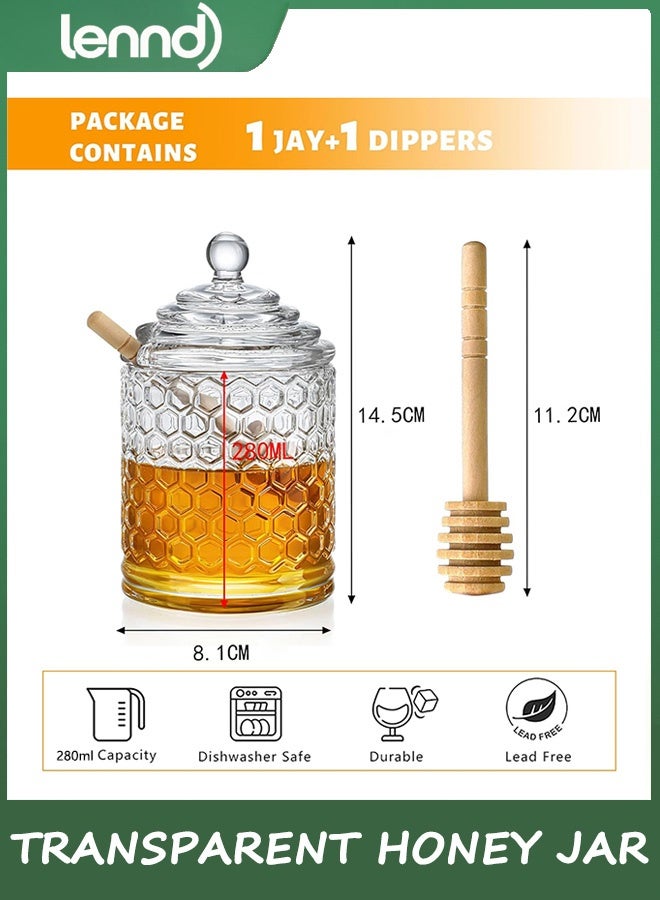 LENND Clear Crystal Honey Pot with Dipper and Lid Glass Honey Jar with Dispenser Honey Holder and Syrup Container for Home Kitchen - Image 3