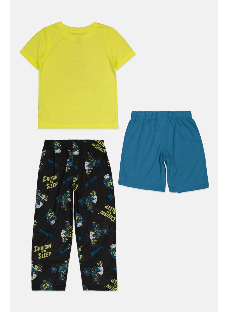 Hurley Kids Boy 3 Pieces Graphic Print Pajama Set, Lime/Sage/Black  - Image 3