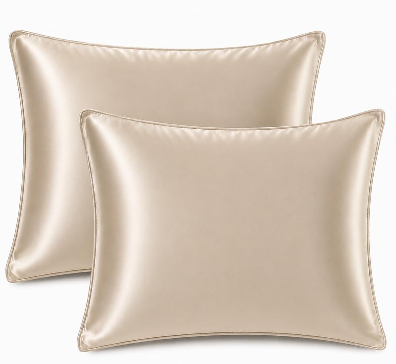 2-Pack Cotton Satin Pillowcases for Hair & Skin, Silky Soft Pillow Covers 55 x 70 cm Reduces Hair Frizz & Skin Creases, Luxury Satin (Beige) - Image 1