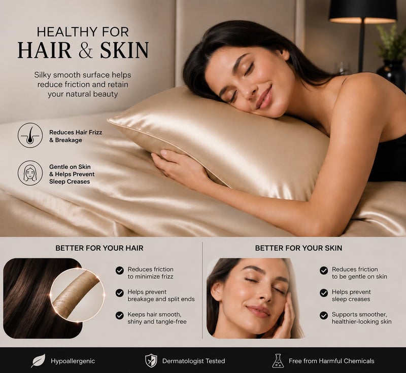 2-Pack Cotton Satin Pillowcases for Hair & Skin, Silky Soft Pillow Covers 55 x 70 cm Reduces Hair Frizz & Skin Creases, Luxury Satin (Beige) - Image 2