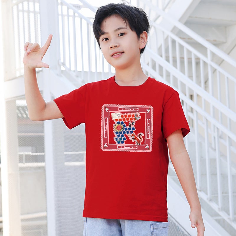Children's Short-Sleeved Cotton T-Shirt Boys and Girls Tops Breathable Round Neck Printed Summer Half-Sleeved Suitable for Small and Medium-Sized Kidsren - Image 1