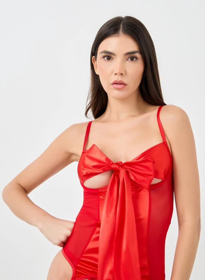 تايك تو Take Two Solid Big Bow Decoration Wired Corset Top with Thong set