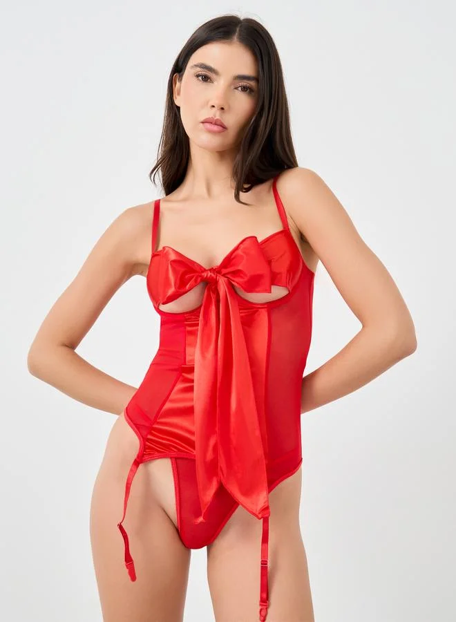 تايك تو Take Two Solid Big Bow Decoration Wired Corset Top with Thong set
