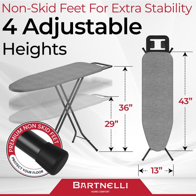Bartnelli by Rorets Ironing Board Made in Europe | Iron Board with 4 Layered Cover & Pad, Height Adjustable up to 36" Features A Safety Iron Rest, 4 Steel Legs, for Laundry Room or Dorm Use (43x13) - Image 4