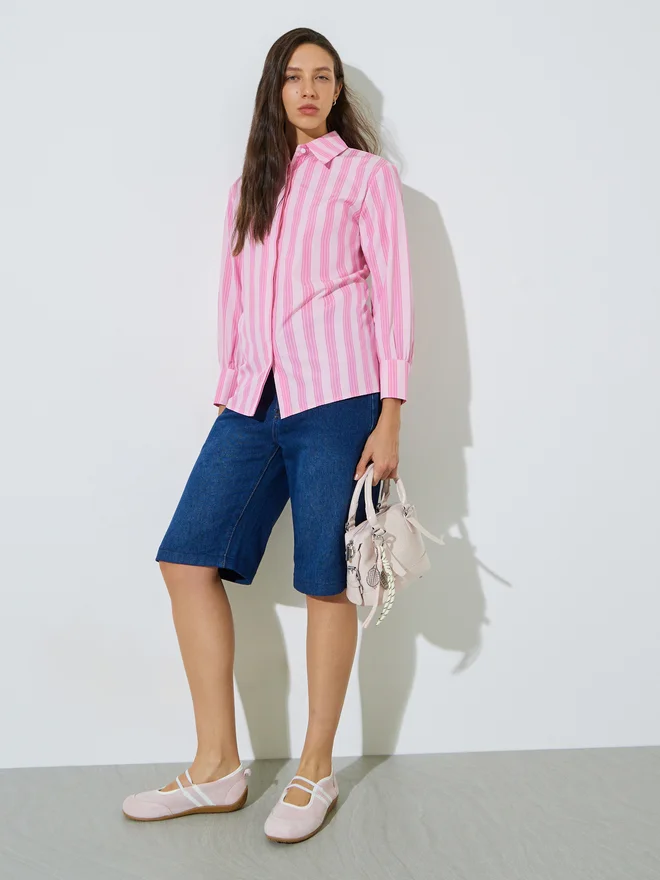 Styli Styli Pink Striped Longline Shirt